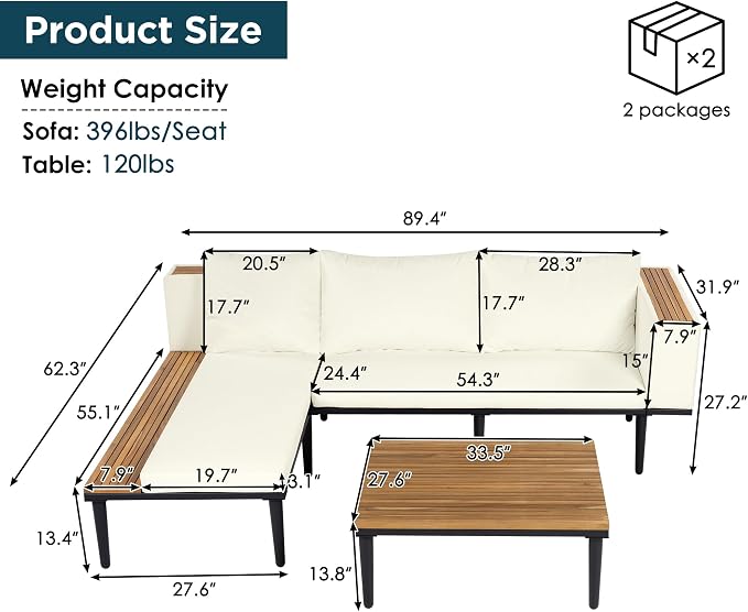 Luxury 4-Piece L-Shaped Outdoor Patio Sofa Set with Acacia Wood Side & Coffee Table, Removable Cushions & Pillows, Metal Frame, Comfortable Modular Conversation Sectional for Backyard, Porch, Beige