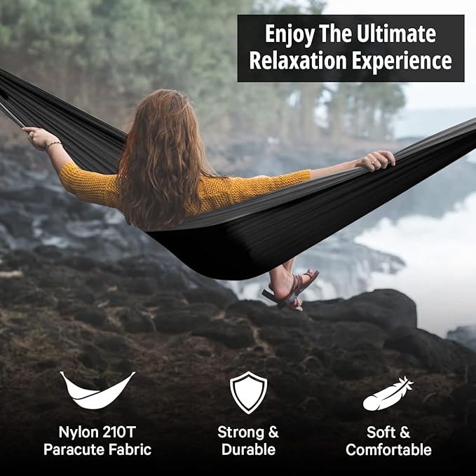 Vigel Camping Hammock - Durable Hammock, Nylon Hammock - Double or Single Hammocks - Portable Tree Hammocks for Outside - Easy to Set, Camping Accessories for Outdoor, Travel, Hiking