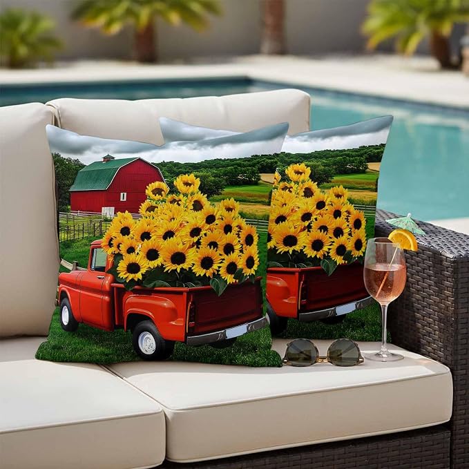Waterproof Pillow Covers Set of 2 24x24 Inch Farmhouse Sunflower Outdoor Cushion Covers Farm Red Truck Decorative Pillow Cases for Patio, Sofa, Couch, Garden, Balcony