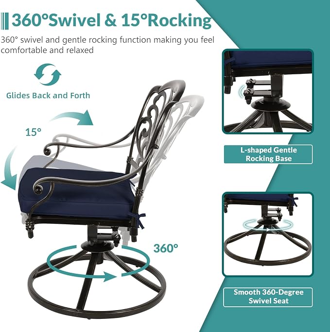 MEETWARM 9-Piece Outdoor Patio Dining Set, All Weather Cast Aluminum Patio Funiture Table and Chairs Set- 94.5” Rectangular Table and 2 Swivel Rocker Chairs, 6 Stationary, Umbrella Hole, Navy Blue
