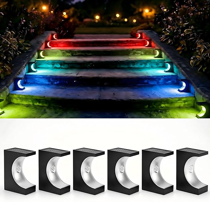 Upgraded Wireless Solar Step Lights. 5X Longer Life Than Ordinary. Strong 3M Adhesive + Screws. IP65 Waterproof for Stairs/Decks/patios. Reliable Performance (Colored Light 6Pack)