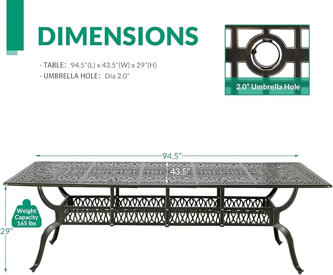 VIVIJASON 94.5" Patio Dining Table for 8-10 People, Large Rectangle Cast Aluminum Dining Table with 2" Umbrella Hole, Weather-Resistant Patio Dining Table for Deck Garden Backyards, Dark Bronze