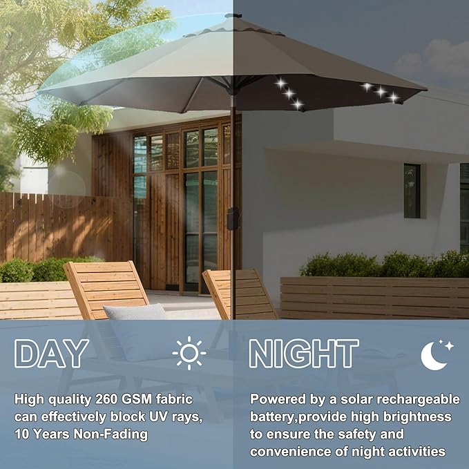 EliteShade USA 10-Year-Non-Fading 10ft Market Patio Umbrella, Commercial Grade Table Sun Umbrella with 80 Solar LED Lights, Crank Open, Windproof & UPF 50+ UV Protection for Garden, Deck, Pool, Backyard, Heather Beige