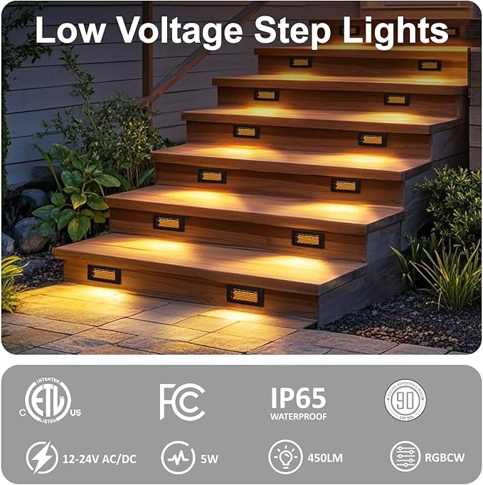 Color Changing RGB Low Voltage Deck Lights, 5W, 8.7 Inch 12V Waterproof Wired Outdoor Stair Lights for Steps, Decks, Fences, Stairwell, Large Area Glare Free Surface Mount, Bronze, ETL, 1PK