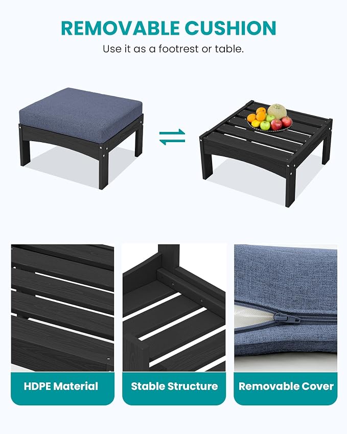 SERWALL 5-Piece Patio Sofas, All-Weather HDPE Outdoor Sectional Sofa with Cushions and Coffee Table, Large Modular Patio Conversation Set for Garden, Lawn, Deck, Porch, Black Frame with Grey Cushion
