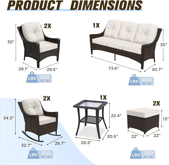 Stone Creek Outdoor Furniture Set with Rocking Chairs, Patio Chairs, 3 Seater Couch, Side Table & Ottomans, Wicker Patio Conversation Set, Balcony Furniture, 8 Piece, Brown/Beige