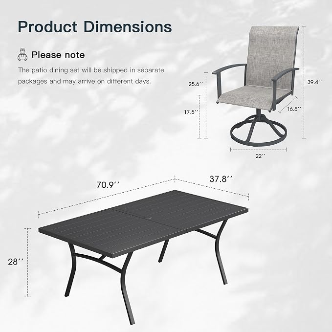 VICLLAX 9 Pieces Patio Outdoor Dining Set, 8 Swivel Textilene Chairs and 70" Rectangular Metal Table with Umbrella Hole for Porch, Deck, Garden, Black/Grey