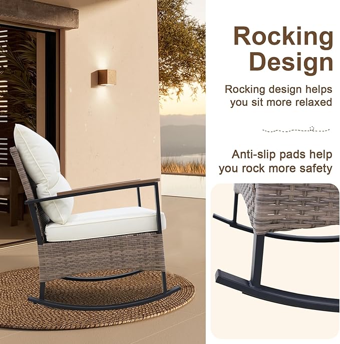 EAGLE PEAK 3 Piece Mojave Dusk Outdoor Conversation Set, Patio Wicker Furniture, 2 Rocking Chairs and Side Table, Light Brown/Beige