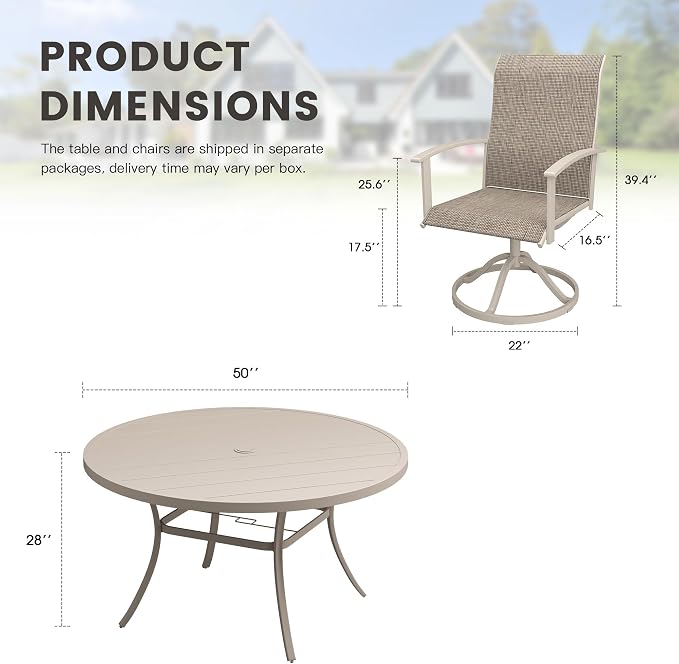 7 Pieces Round Patio Dining Set, Outdoor Furniture of 50" Round Patio Table and Patio Swivel Chairs for Backyard Lawn Garden, Sandshell Table and Sandshell Chairs