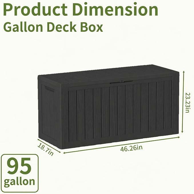 95 Gallon Outdoor Deck Storage Box, All Weather Vertical Wood Grain Lockable Storage Container for Poolside, Patio & Backyard Large Outdoor Storage (Black,95GAL)