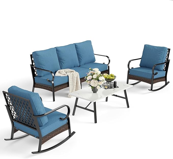 4 PCS Metal Outdoor Patio Furniture Set, Patio Conversation Sets 1 3-Seater Sofa, 2 Rocking Chairs with 5.75" Extra Thick Cushion & Coffee Table, Black Backyard Furniture, Denim Blue