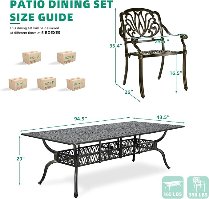 VIVIJASON 9-Piece Outdoor Dining Set, All Weather Cast Aluminum Retro Patio Furniture Table and Chairs Set for 8, Include 94.5" Rectangular Table and 8 Chairs with Umbrella Hole for Balcony Garden