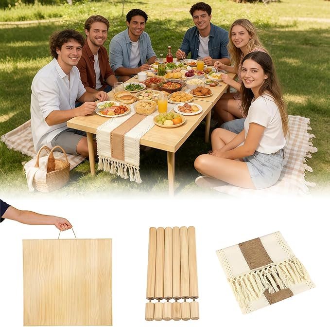 Folding Picnic Table with Table Runner, 60" x 30" Large Wooden Japanese Floor Table, Portable Boho Low Picnic Table, Adjustable Heights Legs, for Indoor Outdoor Camping, for 6-8 People