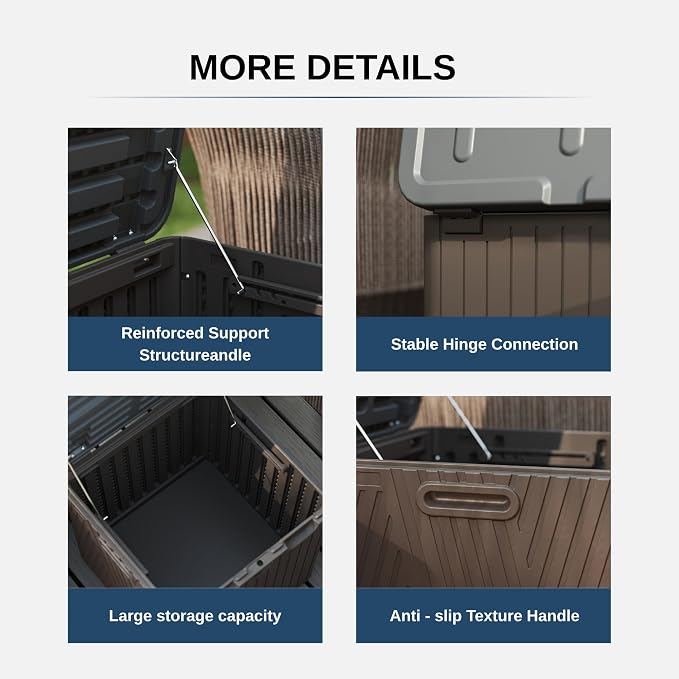 60 Gallon Outdoor Storage Box, Waterproof Patio Deck Box with Lockable Lid, Heavy-Duty HDPE Bench for Garden Tools, Cushions (Brown)