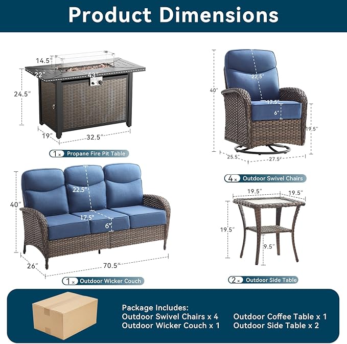 8 Pieces Luxury Patio Furniture Set with 42.5" Fire Pit Table, 6-Inch Thick Cushions Wicker Outdoor Furniture with Outdoor Rocking Chairs Set of 4, Outdoor Patio Conversation Set for Garden, Blue