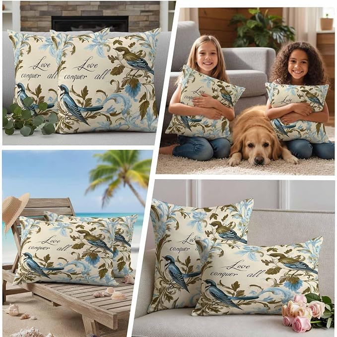 Vintage Bird Flower Outdoor Waterproof Throw Pillow Covers Set of 2, 18"x18", Watercolor Green Blue Floral Decorative Pillow Covers Outside Cushion Case for Patio Porch Garden