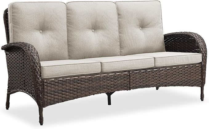 Belord Outdoor Patio Furniture - Wicker Sofa with Removable Cushion, 3 Seater Rattan Couch with Deep Seat, High Backrest, All-Weather for Balcony, Deck, Backyard, Brown/Beige