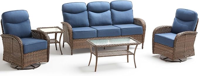 Luxury Outdoor Patio Furniture Set with 6-Inch Thick Cushions, 5 Pieces Wicker Outdoor Furniture with High Back Swivel Patio Chairs Set of 2, Outdoor Conversation Set for Deck Garden Porch, Blue