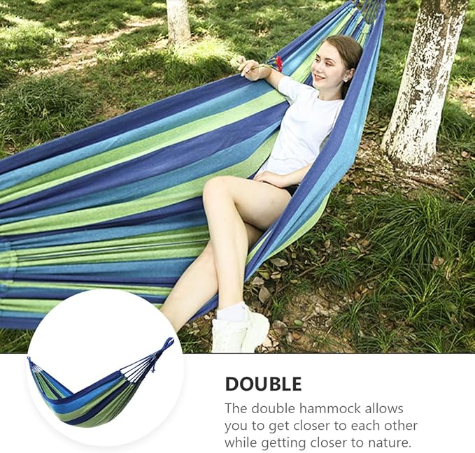 SEWACC Double Camping Travel Hammock for Two, Widened Blue Canvas Hanging Swing with Thickened Fabric, Portable Outdoor Garden and Hiking Hammock Suitable for Adults