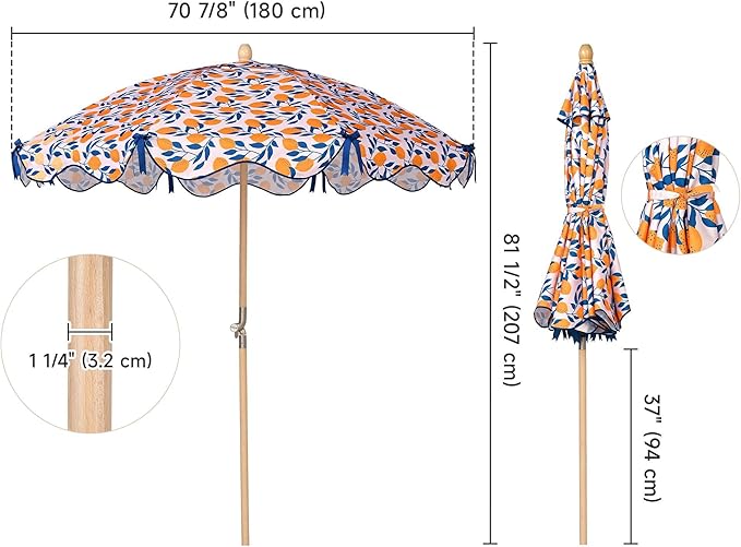 LAGarden Fringe Patio Umbrella with Carry Bag & Cover Vintage Wood for Event Outdoor Garden Yard Wedding Bistro Table