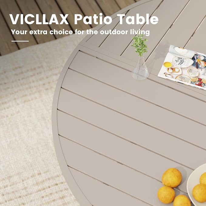 VICLLAX 63" Round Outdoor Table, Patio Dining Table for 8-10 with Umbrella Hole for Garden Lawn Deck Backyard, Sandshell