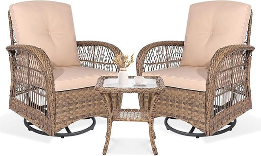 VIVIJASON 3-Piece Outdoor Conversation Bistro Set, Patio Swivel Glider Rocking Chairs Rattan Furniture Sets w/ 2 Rattan Chairs, Cushions, Glass Top Side Table for Porch Backyard, Light Brown