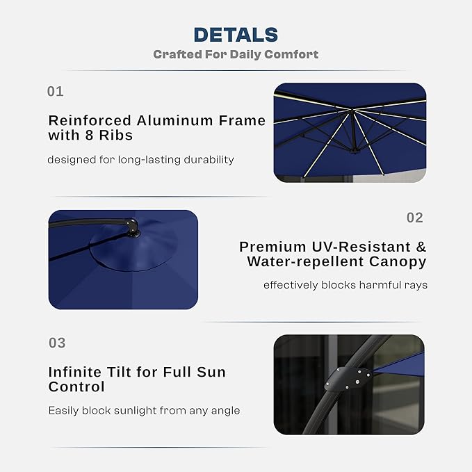 11FT Cantilever Patio Umbrella with Solar LED Lights and Base, 360 Rotating Offset Umbrella with Infinite Tilt, Heavy Duty Aluminum Frame, Outdoor Canopy for Patio, Pool, Backyard, Navy