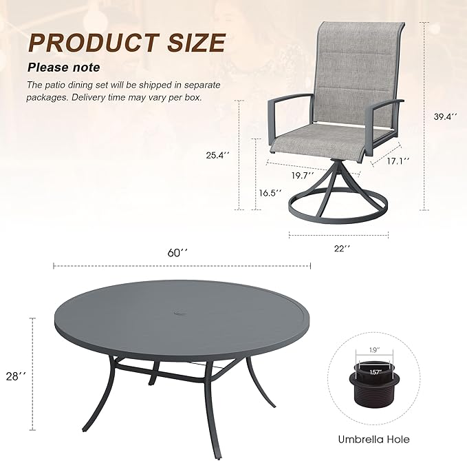 VICLLAX 9 Pieces Outdoor Dining Set, Patio Furniture Set Includes 60" Round Metal Table W/ 1.9" Umbrella Hole and 8 Padded Textilene Swivel Chairs for Porch, Lawn, Garden, Backyard