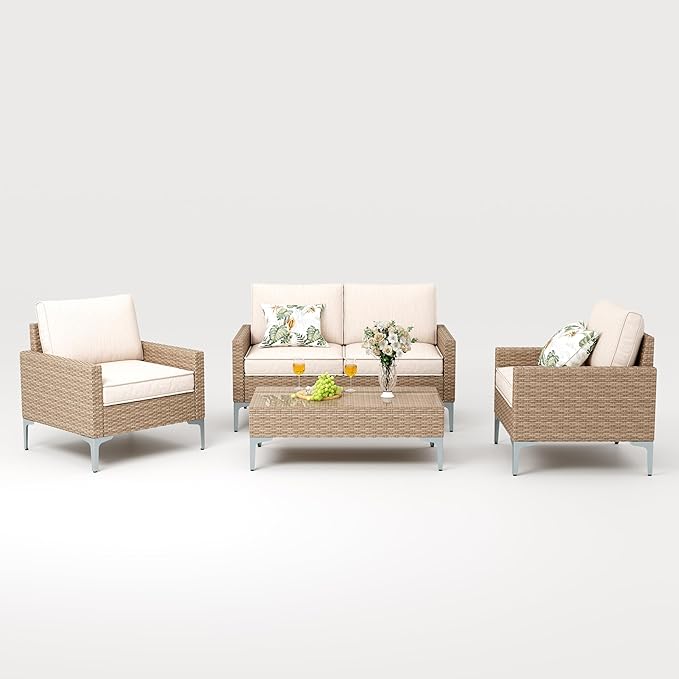 4-Piece Patio Furniture Set,Outdoor Wicker Patio Conversation Set with Tempered Glass Table,All-Weather Rattan Sectional Loveseat&Chairs with Thick Cushions for Garden,Deck,Backyard-Beige