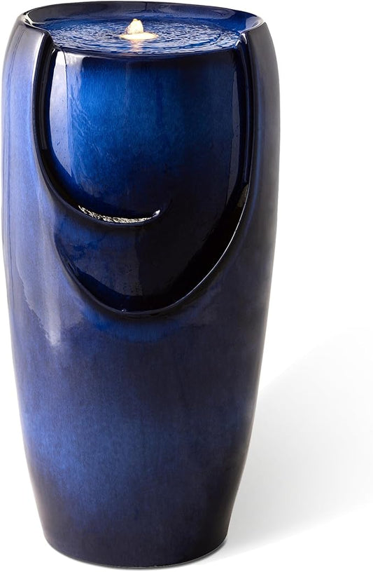 Glitzhome 29.25" Outdoor Garden Fountain Ceramic Jar Water Fountain with LED Lights and Pump Cascading Waterfall Vase Fountain for Patio Garden Yard Porch,Cobalt Blue