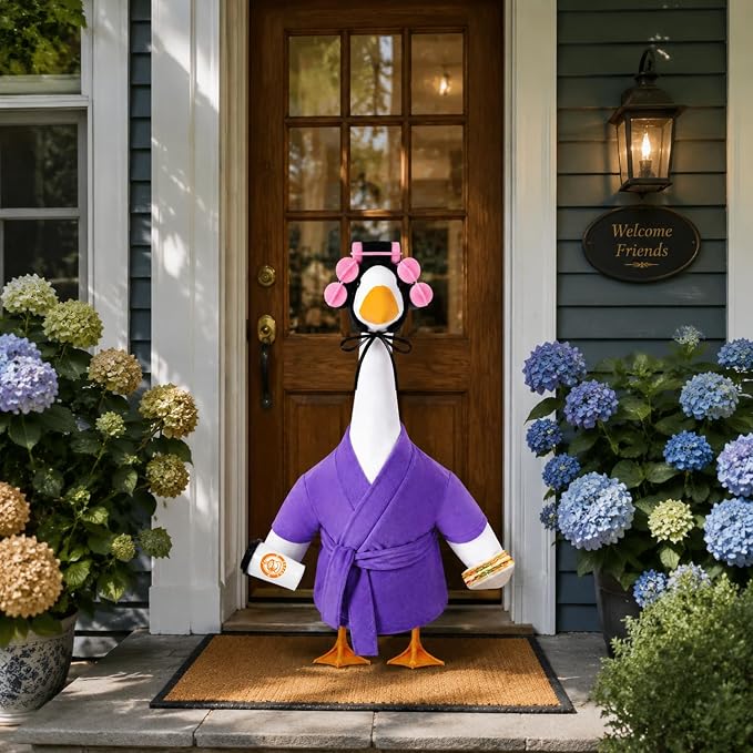 Lady Porch Goose Bathrobe Outfits Fits 23" Concrete Goose Statue | Funny Winter Porch Goose Outfit Old Lady Geese Costume with Curlers Coffee Cup for Outdoor Yard Garden Patio Decor(Violet)