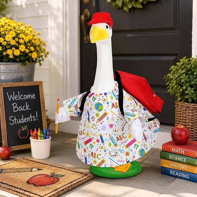 JcHrmers Back to School Porch Goose Outfits School Lawn Geese Clothes Fits 23" Cement Plastic Goose Statue for Classroom Outdoor Garden Yard Patio Decor