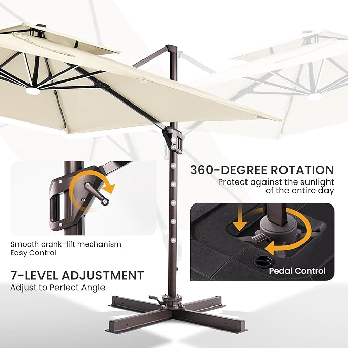 10x10 FT Cantilever Patio Umbrella with Led Lights Double Top Outdoor Square Large Heavy Duty Aluminum Offset Umbrellas with 7 Level Tilt 360-degree Rotation for Pool Garden Deck, Beige