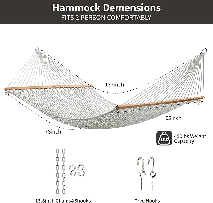 JoyView Traditional Rope Double Hammock - Hand Woven Polyester Hammock with Hardwood Spreader Bar 450lb Capacity for Outdoor Indoor Patio Yard - White