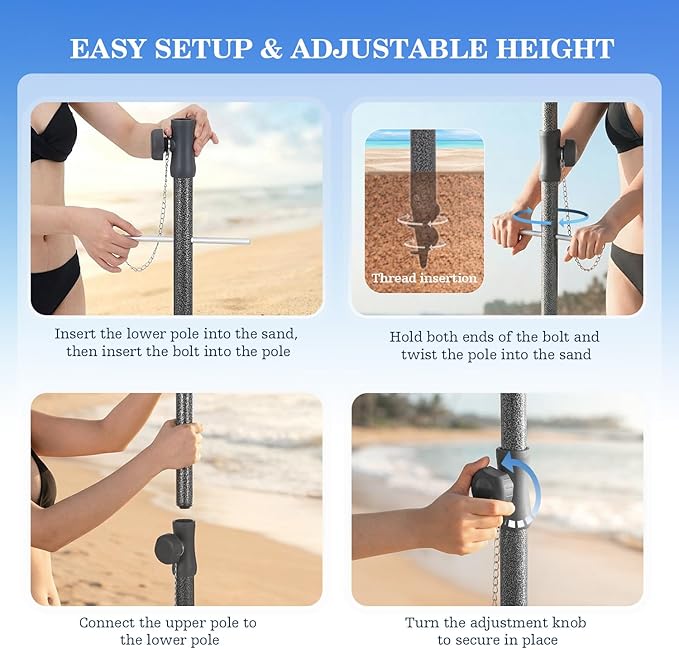 UIRWAY Beach Umbrella, Heavy Duty Windproof Beach Umbrellas with Sand Anchor & Tilt, Sun Protection Portable Beach Umbrella with Carrying Bag for Beach, Patio Garden Pool Outdoor