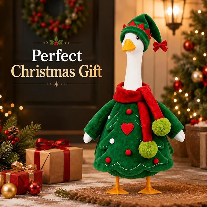 STONESTAR Christmas Porch Goose Outfits for 23" Goose Statue, Xmas Tree Goose Plush Clothes with Elf Hat & Pom Pom Scarf, Festive Outdoor Yard Garden Christmas Santa Holiday Decor