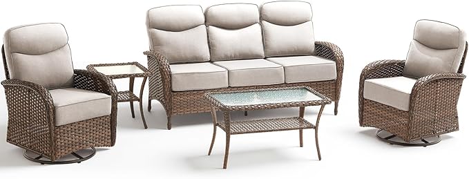 Luxury Outdoor Patio Furniture Set with 6-Inch Thick Cushions, 5 Pieces Wicker Outdoor Furniture with High Back Swivel Patio Chairs Set of 2, Outdoor Conversation Set for Deck Garden Porch, Beige