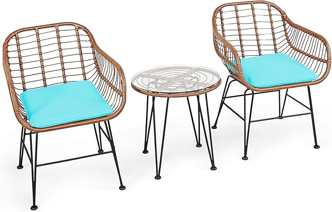 DORTALA 3 Piece Patio Bistro Set, Outdoor Wicker Furniture with Round Tempered Glass Top Table & 2 Rattan Armchairs, Cushions, Conversation Set for Porch, Backyard, Garden, Turquoise