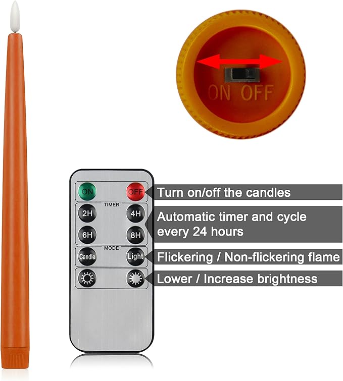 CVHOMEDECO. Flameless Taper Candles with 10-Key Remote, Battery Operated Led Flickering 3D Wick Window Candles Real Wax Finished Home Christmas Party Decor 0.78 x 11 Inch, Pack of 2 (Orange)
