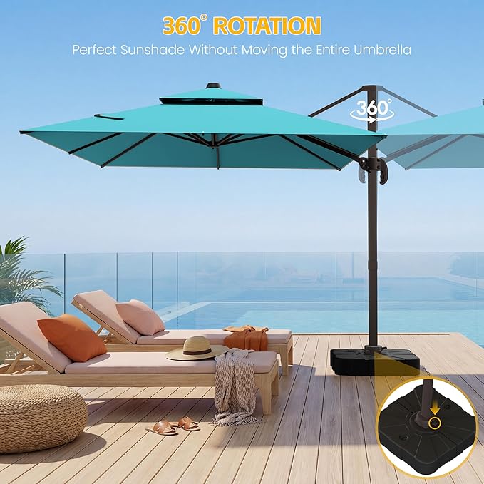 VEGOND 9x12 FT Patio Cantilever Umbrella with Base, Rectangular Heavy Duty Offset Umbrella for 6-8 People, 360°Rotation & Mult Tilt, Double Top Design, for Pool Garden Deck (Turquoise)