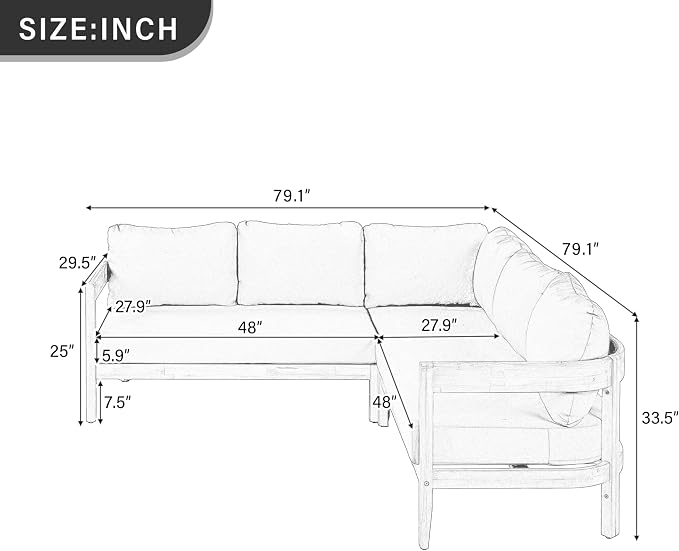 VilroCaz Outdoor Patio Furniture Set, L-Shaped Acacia Wood Sectional Sofa with 6 Soft Seat Cushions and Backpack, All-Weather Conversation Set with Arc Frame for Garden Backyard Porch (Grey-3.19)