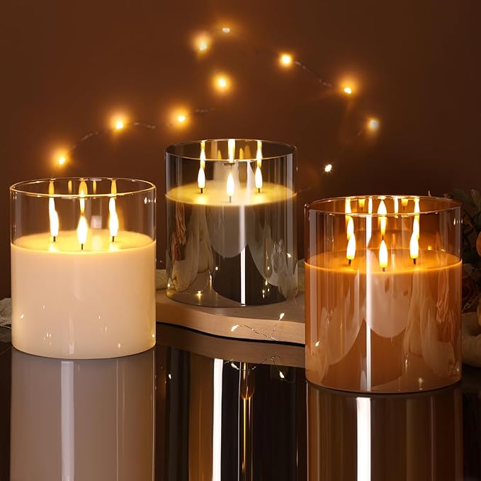 Eywamage 3 Wick Gold Glass Flameless Candle with Remote, Large Flickering LED Battery Pillar Candle Φ 6" H 6"