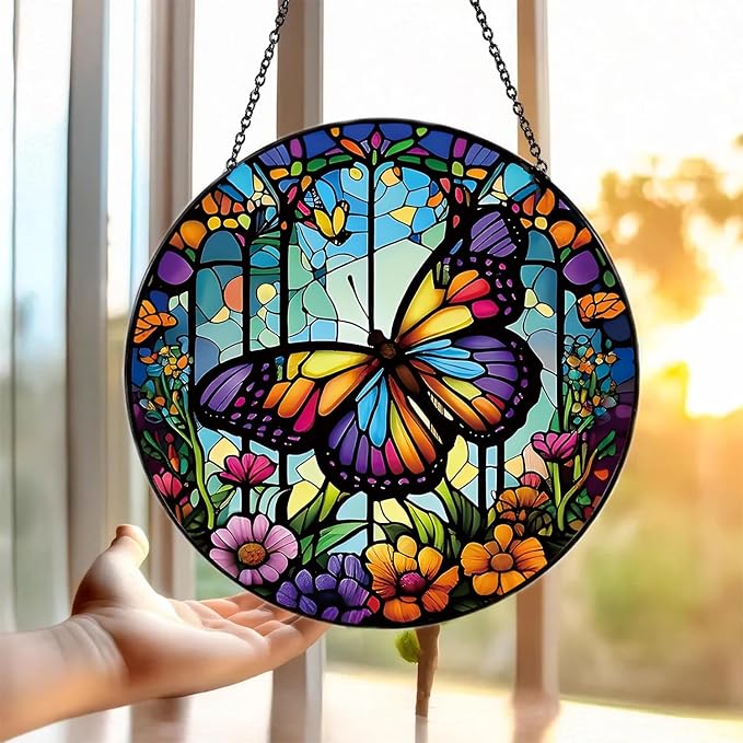 Colorful Butterfly Suncatcher -7.9 in Stained Glass Window Hanging Sun Catcher Garden Decor