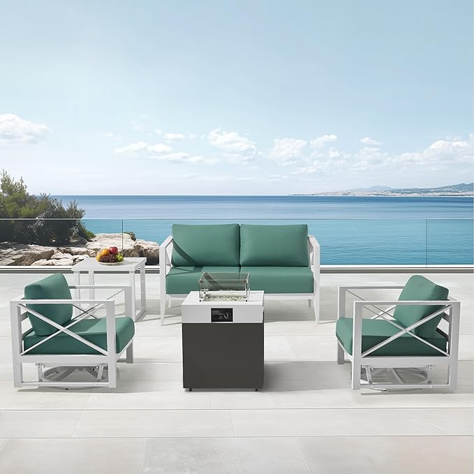 MBY 4-Seat Aluminum Patio Furniture Set with Fire Pit – Outdoor Conversation Set with 2 Swivel Rocking Chairs & 37,000 BTU Propane Table, All-Weather for Balcony & Garden – White
