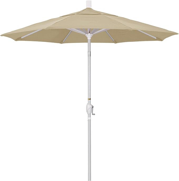 California Umbrella 7.5' Round Aluminum Market Umbrella, Crank Lift, Push Button Tilt, White Pole, Champagne Olefin