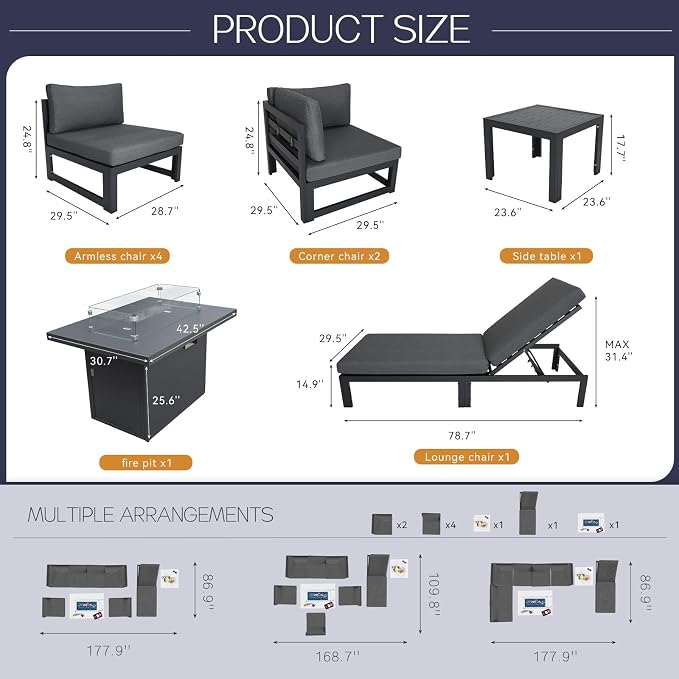BULEXYARD 9 Piece Luxury Aluminum Outdoor Sectional Sofa with Chaise Lounge & Firepit, Large Modular Patio Furniture Set, 29" Deep Wide Seating, 500 lbs Heavy Duty Conversation Set for Deck, Dark Gray