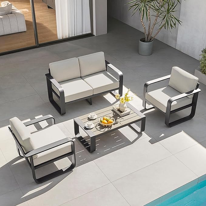 CHITA Aluminum Patio Furniture Sets, 4 Seats Patio Conversation Sets with Coffee Table, 4 Pieces Patio Sofa Sets with Thickened Olefin Fabric Cushion for Backyard, Garden, Balcony and Poolside