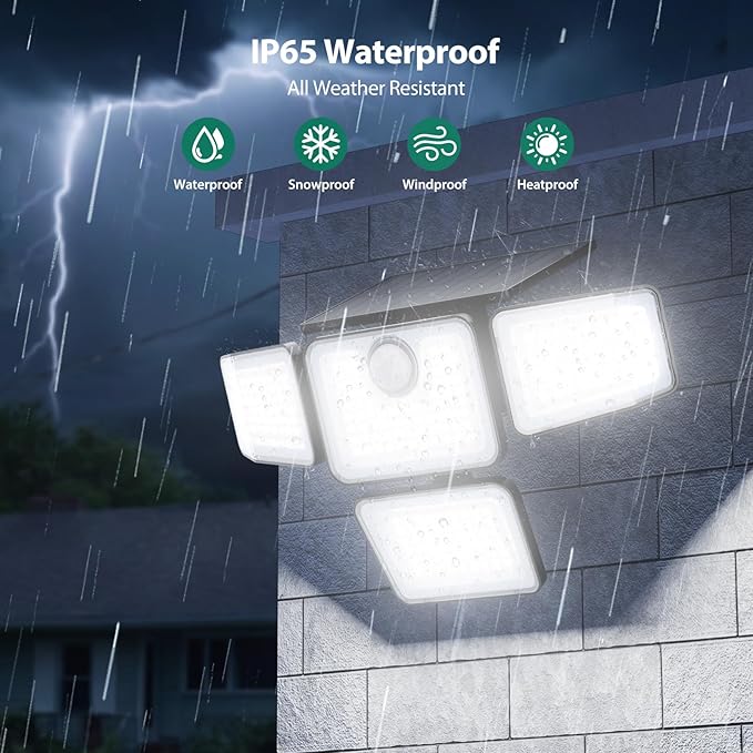 3000LM Solar Lights Outdoor, 4 Adjustable Heads Motion Sensor Security Light, 3 Modes, 6500K, IP65 Waterproof Solar Wall Flood Lights for Garden, Outside, Backyard, 4 Pack