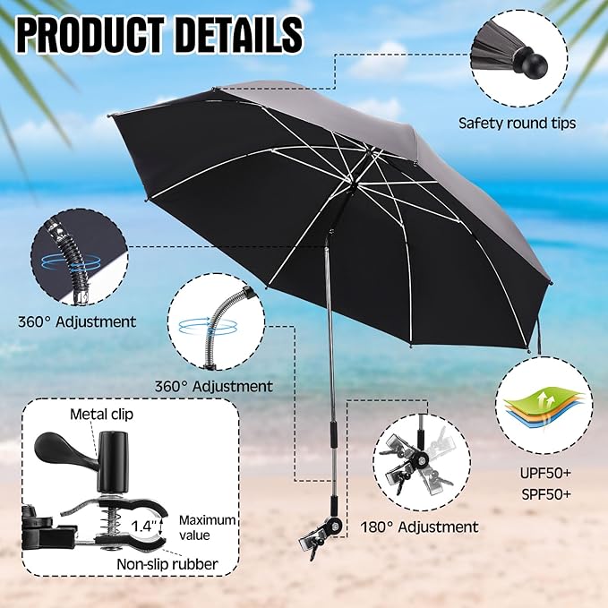 Talltalk 2 Pcs Beach Umbrella with Universal Clamp Adjustable Beach Shade UV Protection Chair Portable Outdoor Umbrella for Camping Patio Chairs Golf Carts
