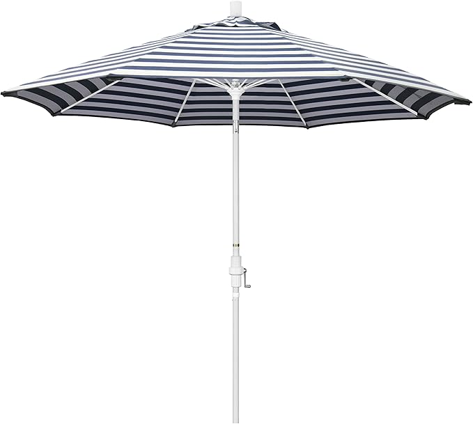California Umbrella 9' Round Aluminum Pole Fiberglass Rib Patio Umbrella, Crank Lift, Collar Tilt, White Finish, Woven Navy/White Stripe